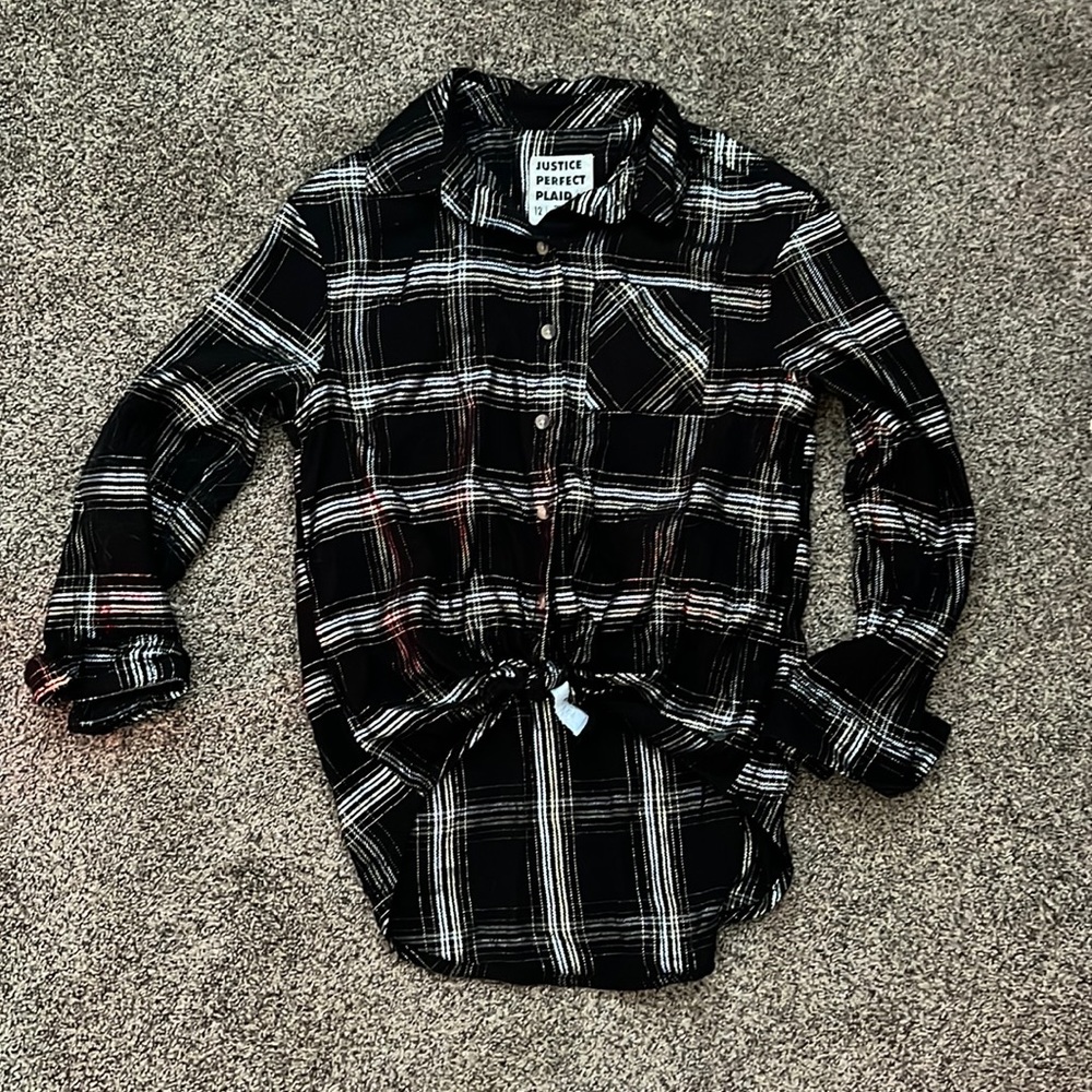 Justice black & silver plaid button down size 12